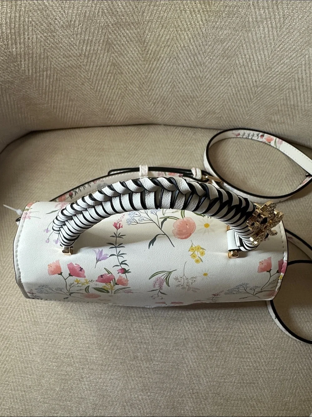 ALDO White Floral Satchel with Striped Wrapped Handle With Butterfly and Bee 🐝